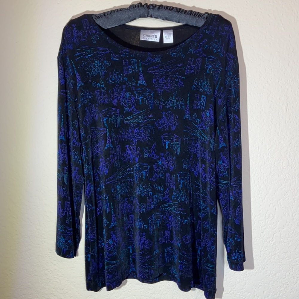 Chico’s Travelers Black Top with Teal & Purple
